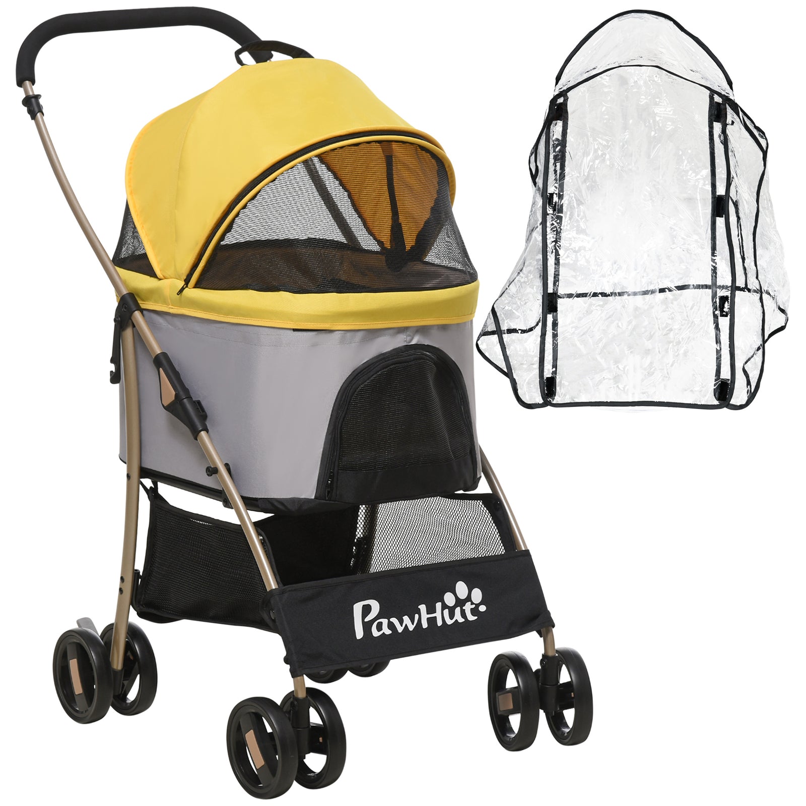 Detachable Pet Stroller with Rain Cover, 3 In 1 Cat Dog Pushchair, Foldable Carrying Bag w/ Universal Wheels, Brake, Canopy, Basket, Storage Bag for Small and Tiny Dogs - Yellow