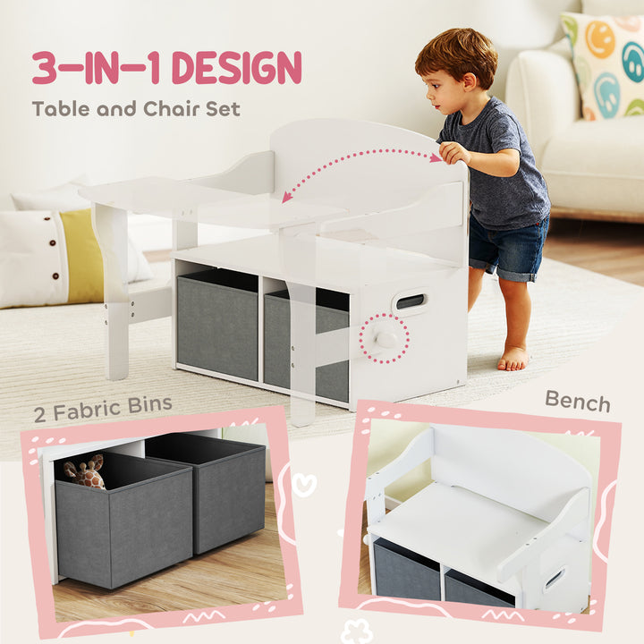 3 in 1 Kids Storage Bench, Convertible Children Table and Chair Set with 2 Fabric Bins, Toy Storage Box