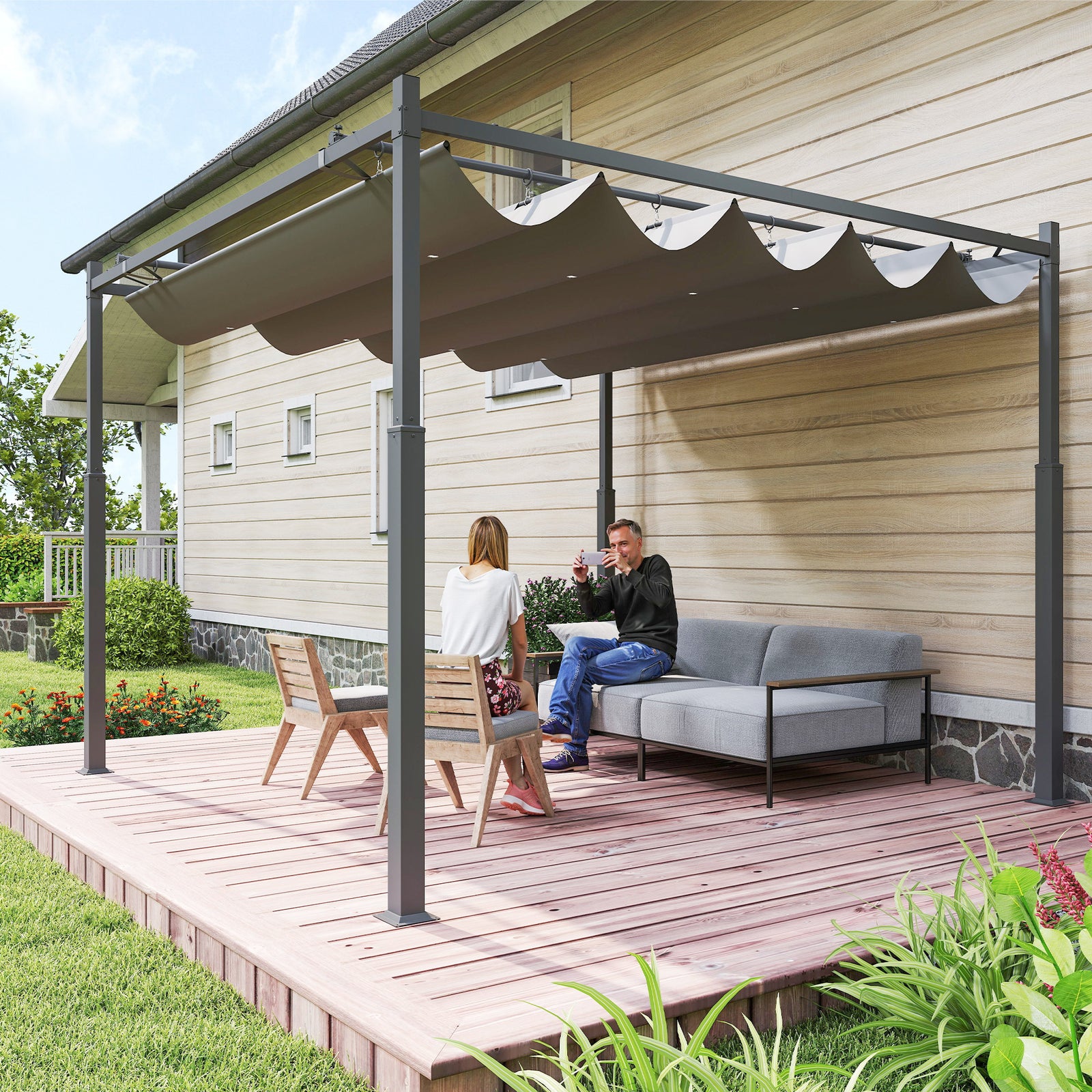 3 x 3(m) Metal Pergola with Retractable Roof and Magnetic Fixture, Outdoor Gazebo Garden Pergola Kit Sun Shade Canopy, UPF30+, 80mm Metal Column, Grey