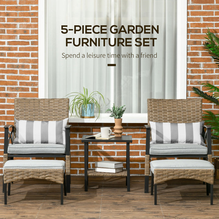 5 Piece PE Rattan Garden Furniture Set, 2 Armchairs,2 Stools, Steel Tabletop with Wicker Shelf, Padded Outdoor Seating, Grey