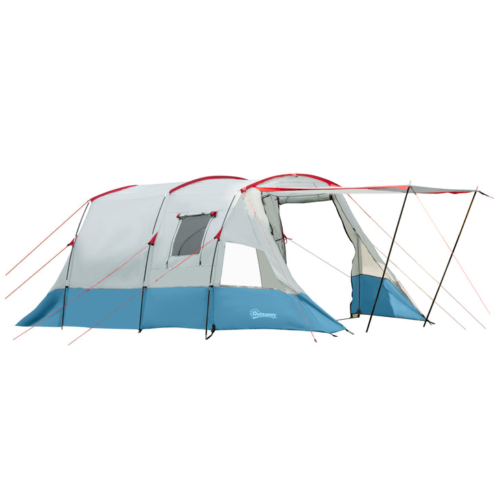 Outsunny 6-8 Person Tunnel Tent, Camping Tent with Bedroom, Living Room, Sewn-in Floor, 3 Doors and Carry Bag, 2000mm Water Column for Fishing, Blue