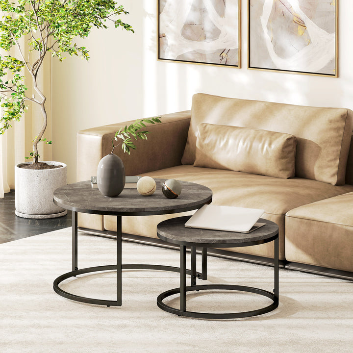 Industrial Nesting Coffee Table Set of 2, Round Coffee Tables, Living Room Table with Faux Marbled Top and Steel Frame