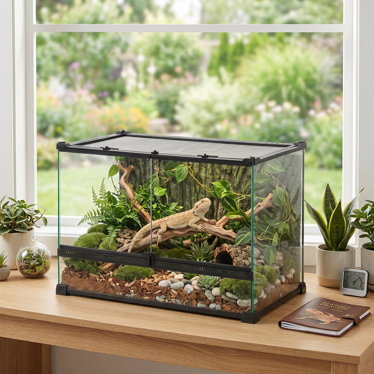 Reptile Glass Terrarium with Stone Background, Front Ventilation, Esca