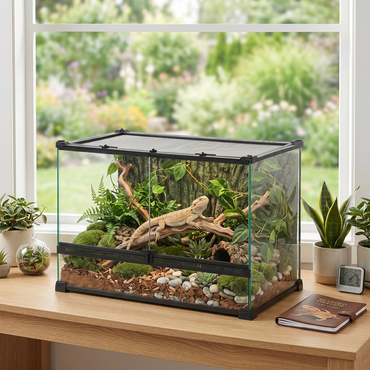 Reptile Glass Terrarium with Stone Background, Front Ventilation, Esca