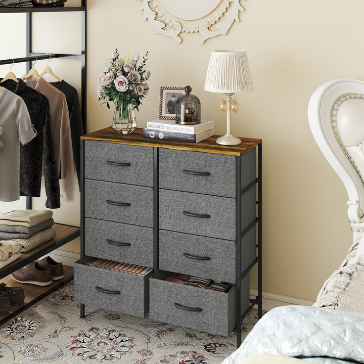 Fabric Chest of Drawers, Industrial Bedroom Dresser with 8 Fabric Drawers, Steel Frame and Wooden Top for Nursery, Living Room, Hallway, Rustic Brown and Grey