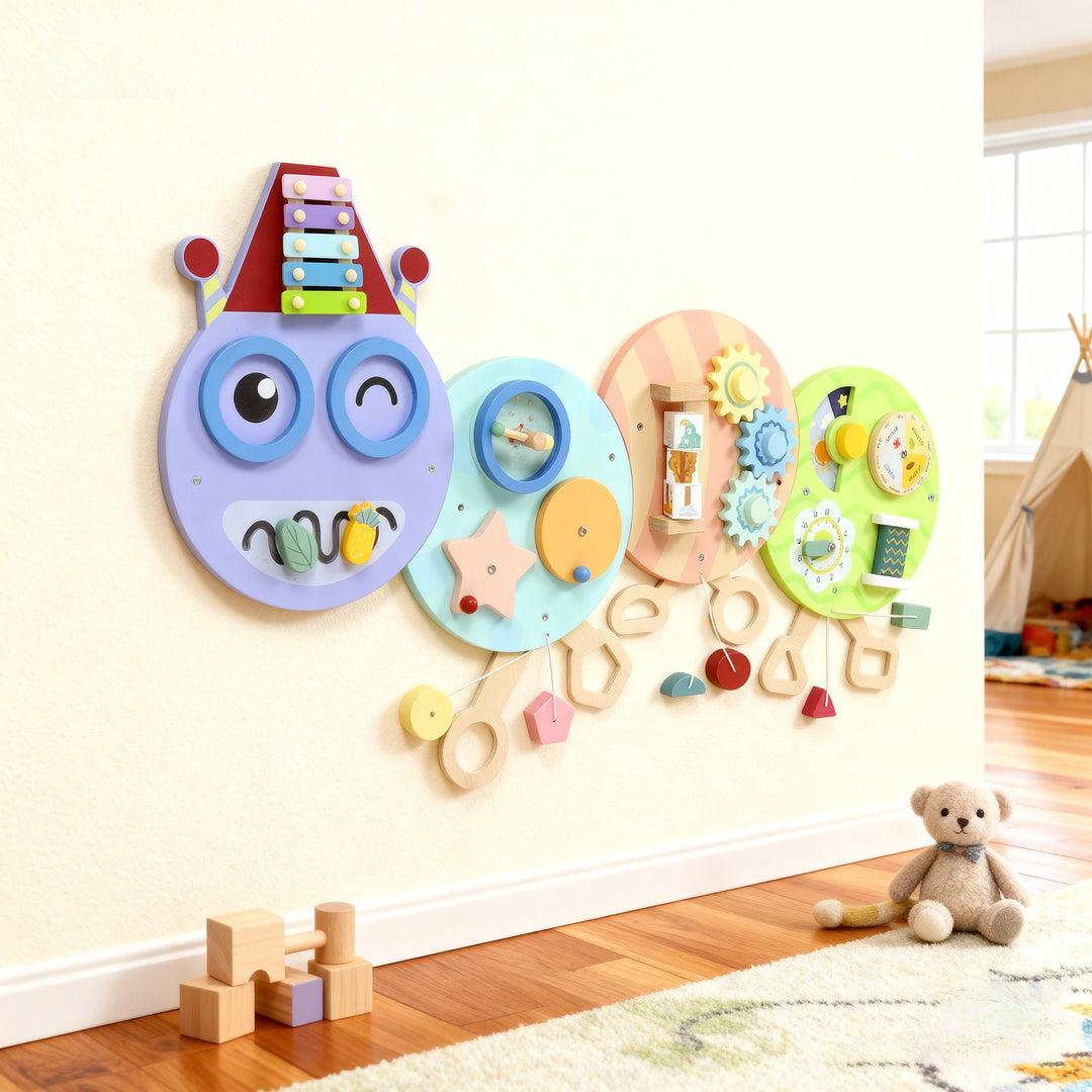 MCL Caterpillar Busy Board with 7 Activities, for Nursery, Playroom, Home, for 3+ Years