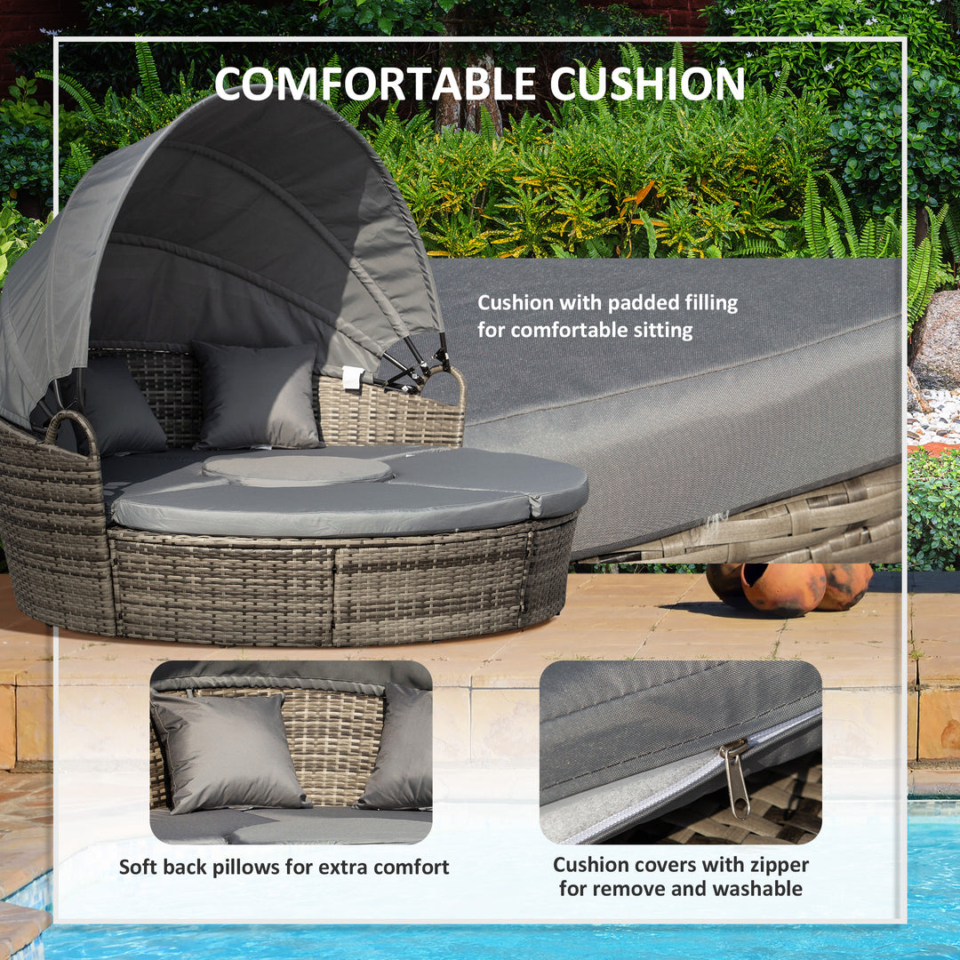Outdoor PE Rattan Garden Furniture with Cushioned, Patio Wicker Conversation Furniture Set, Round Daybed with Retractable Canopy, Coffee Table and Three Pillows, Dark Grey