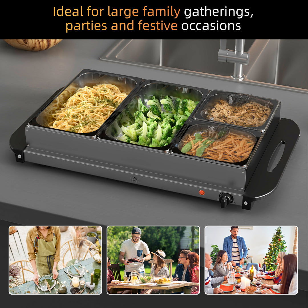 4 Tray Electric Food Warmer Buffet Server with Warming Plate, Cool Touch Handles, Adjustable Temperature, 300W, 2 x 2.4L and 2 x 1L Pans