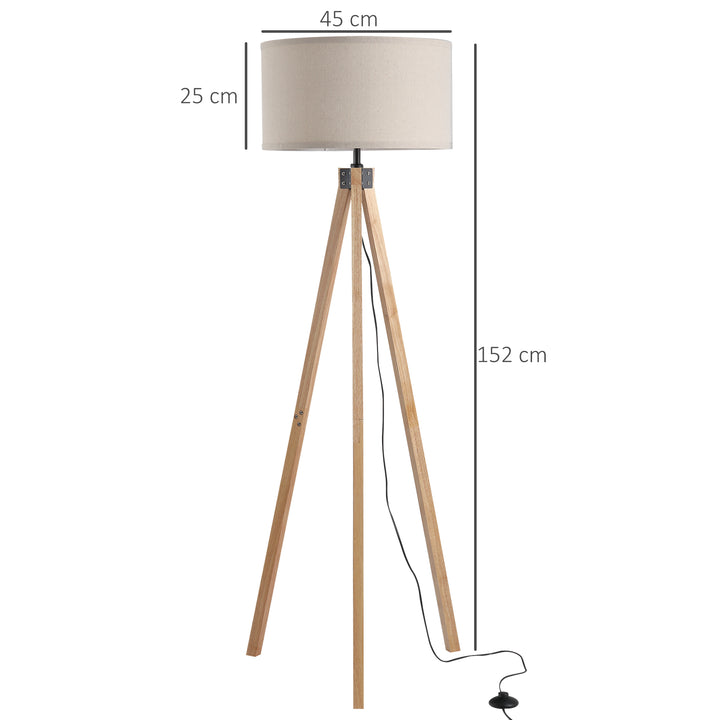 HOMCOM Floor Standing Lamp, Floor Lights with Cylinder Shaped Linen lampshade, Tripod-Style Wooden Base, Brown and Beige | Aosom UK