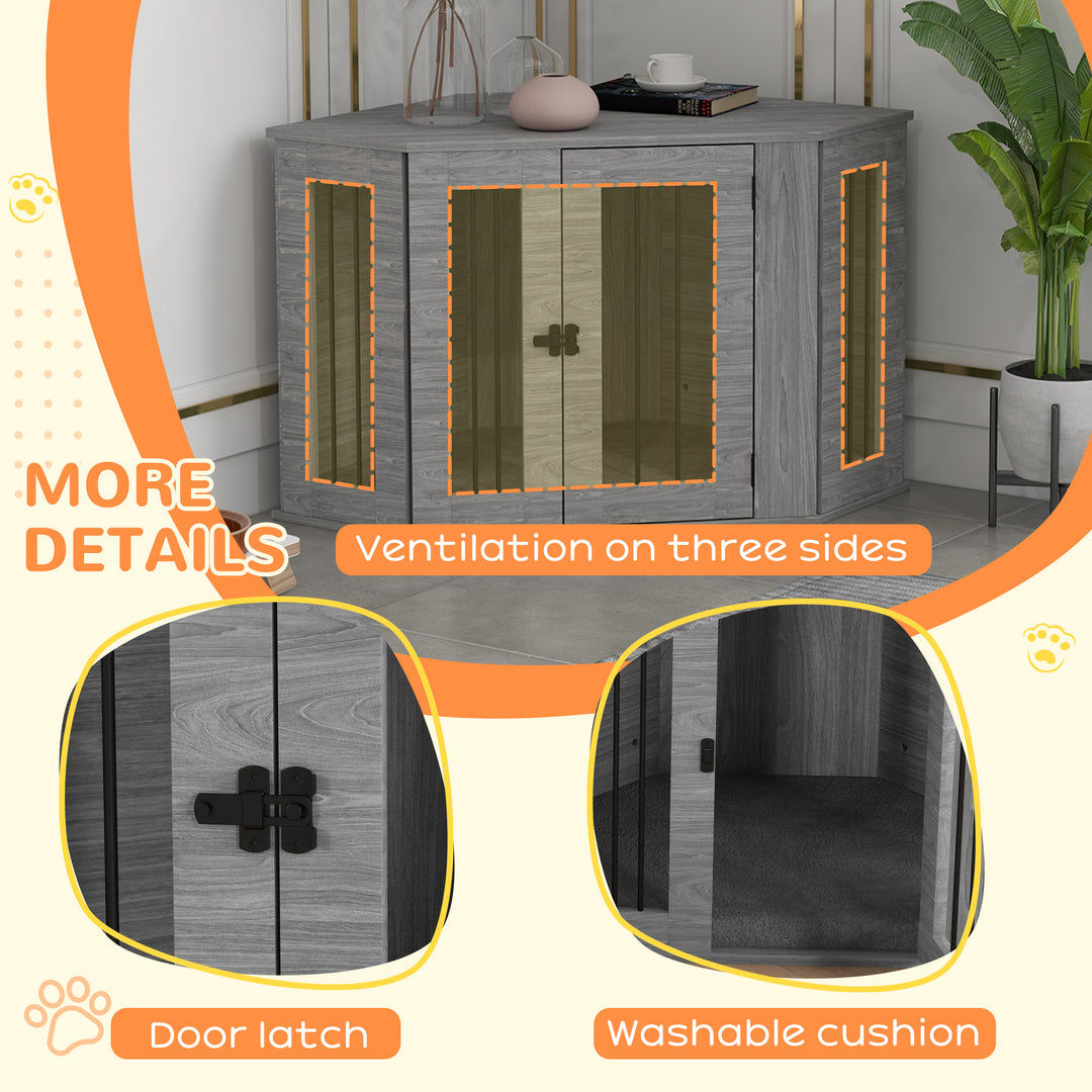 2 in 1 Dog Crate Furniture Side Table, with Cushion, 104 x 55 x 63cm - Grey