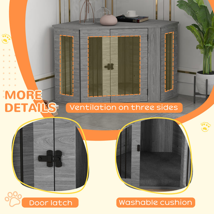 2 in 1 Dog Crate Furniture Side Table, with Cushion, 104 x 55 x 63cm - Grey