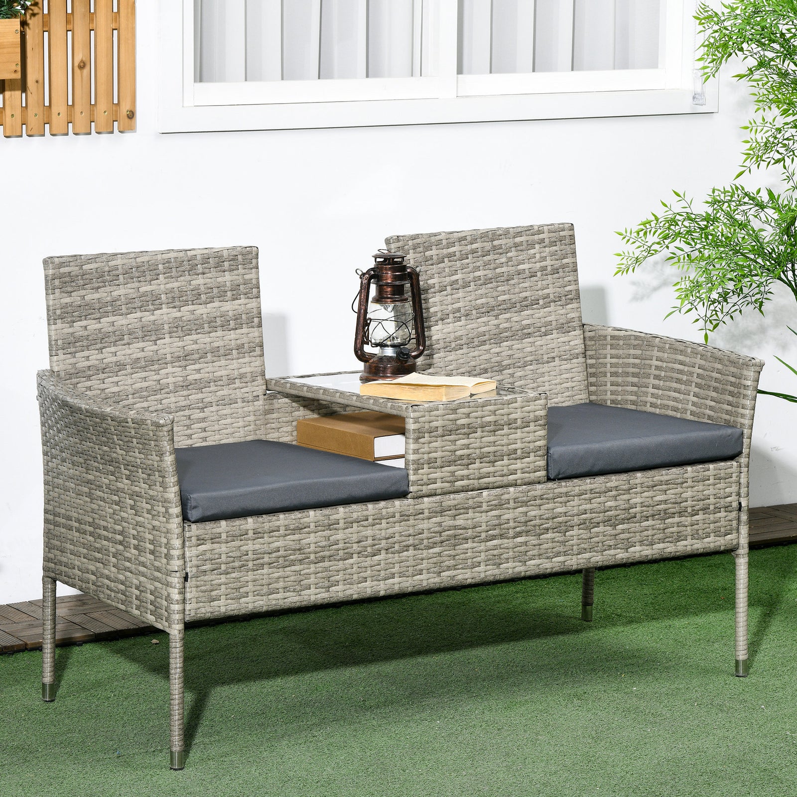 Two-Seat Rattan Chair, with Middle Table - Light Grey