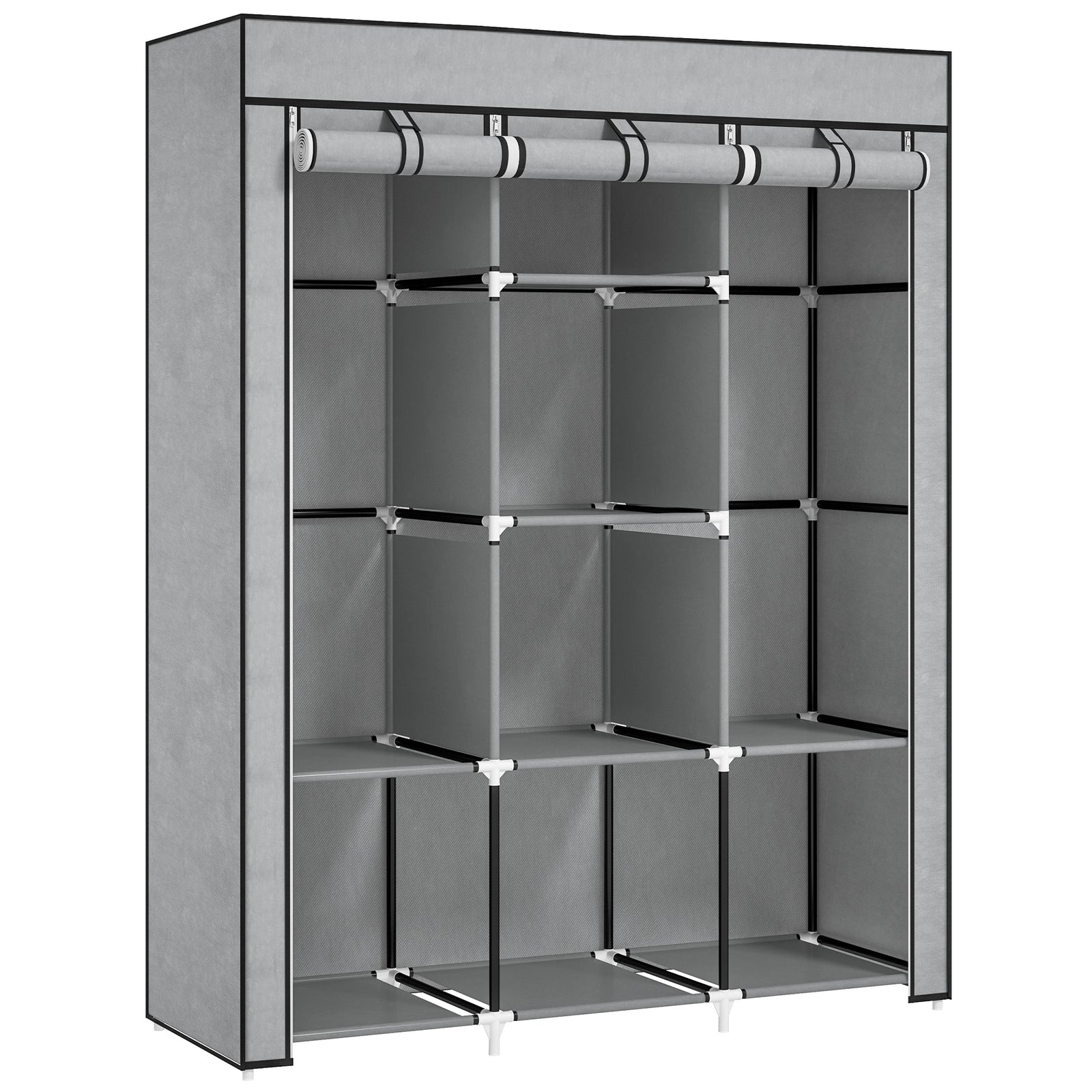 Fabric Wardrobe, with Rails and Shelves - Light Grey