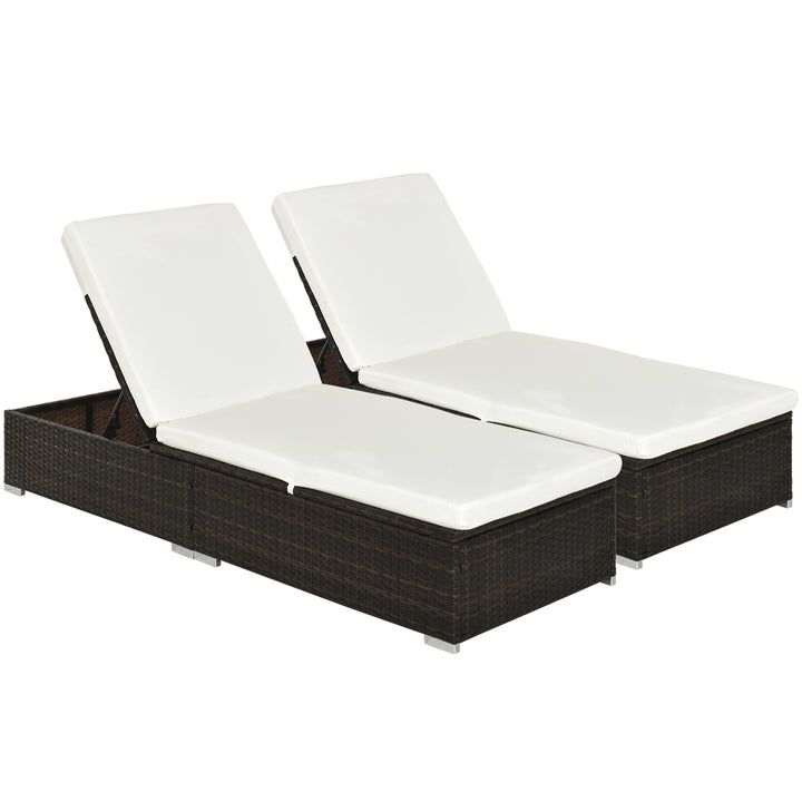 PE Rattan Sun Lounger with Cushion, Outdoor Garden Sunbed Furniture with 5-Level Recliner Backrest, and Armrest, Set of 2, Brown