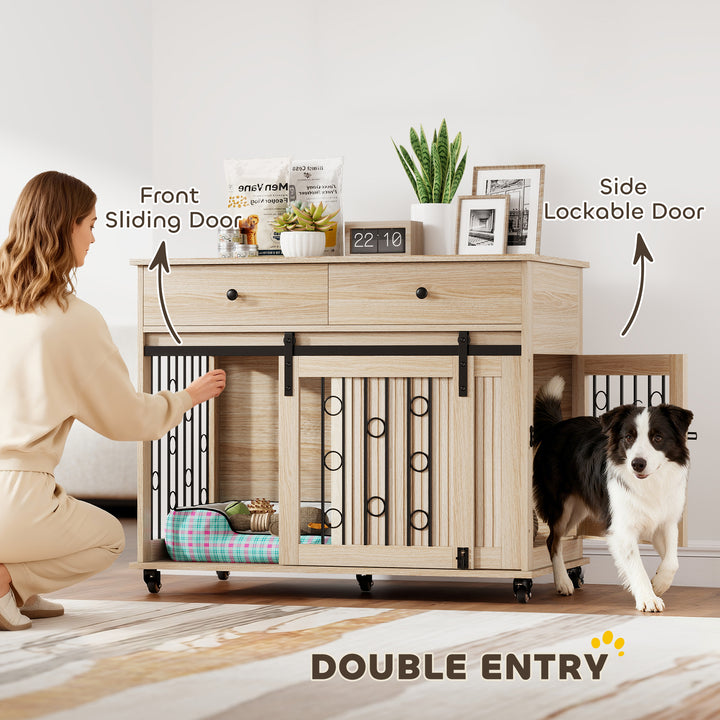 MCL Dog Crate Furniture on Wheels, Dog Cage with 2 Drawers, Sliding Door, for Medium Large Dogs, Oak Tone