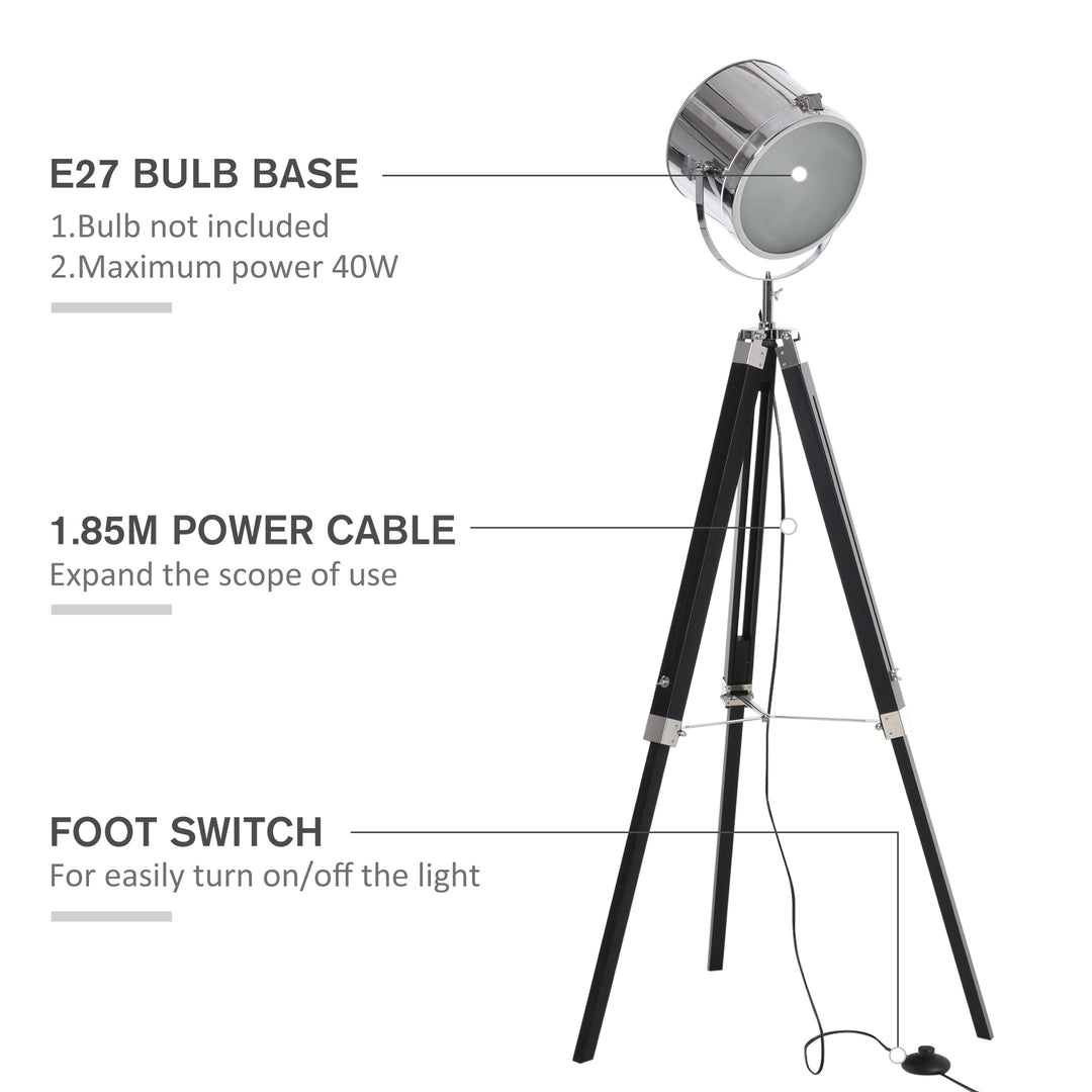 MCL Industrial Style Adjustable Tripod Floor Lamp, Searchlight Lamp with Wooden Legs and Steel Lampshade, 110-155cm, Black