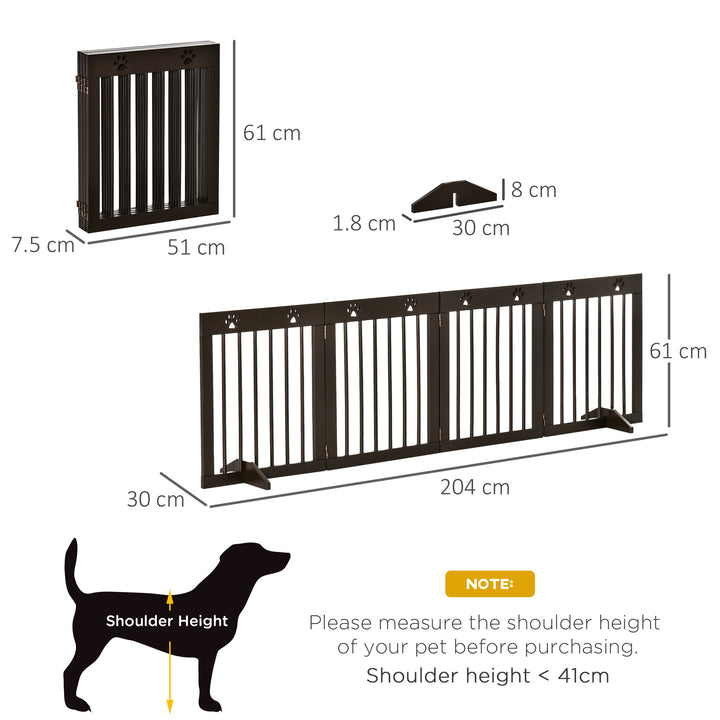 Freestanding Pet Gate 4 Panel Wooden Dog Barrier Folding Safety Fence with Support Feet up to 204cm Long 61cm Tall for Doorway Stairs Brown