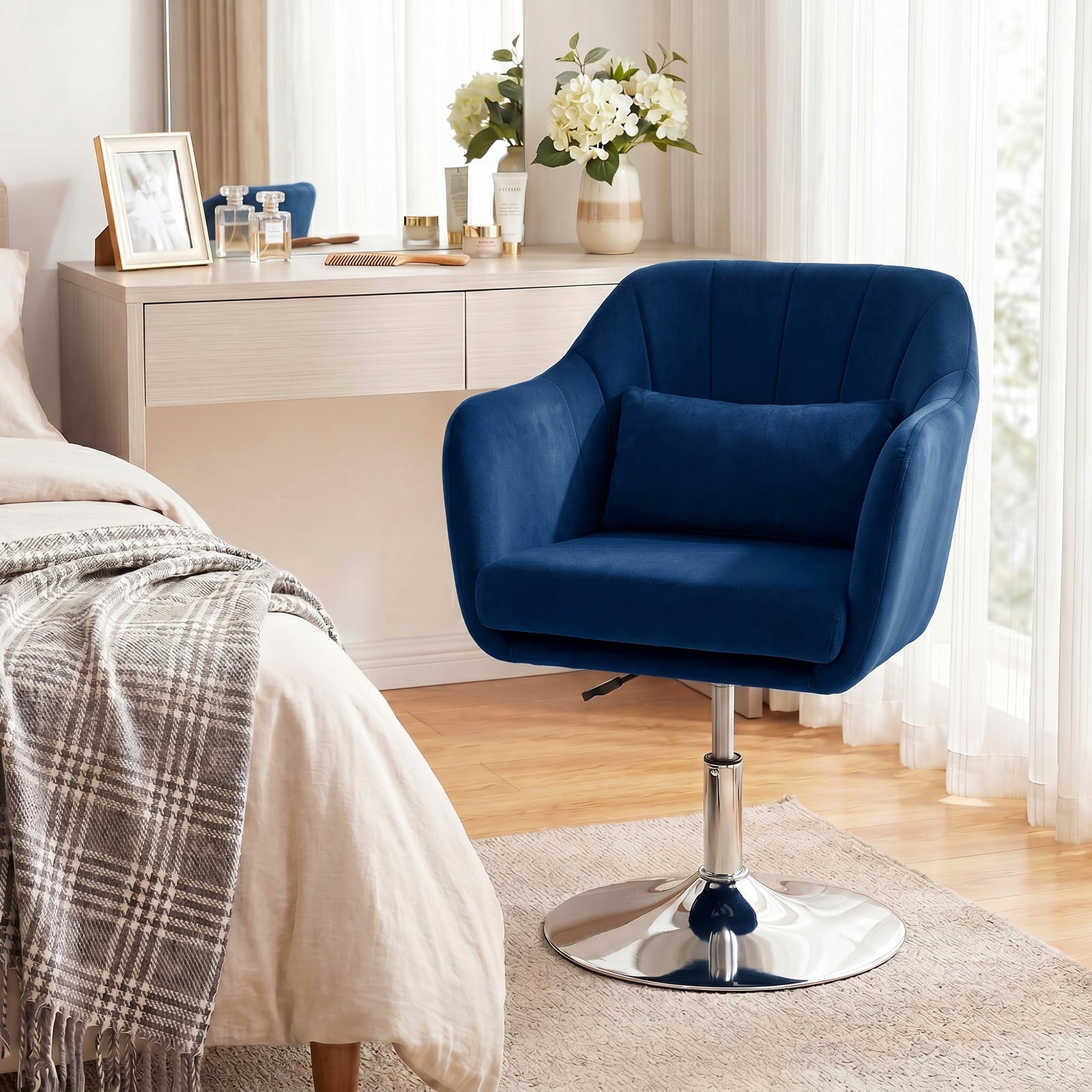 Retro Velvet Swivel Tub Chair with Steel Frame, Cushion Seat, Dark Blu