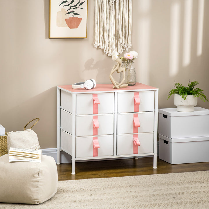 Chest of Drawers, Cloth Organizer Unit with 6 Fabric Drawers, Metal Frame and Wooden Top, Storage Cabinet for Kids Room, Living Room, Closet, Hallway, Pink