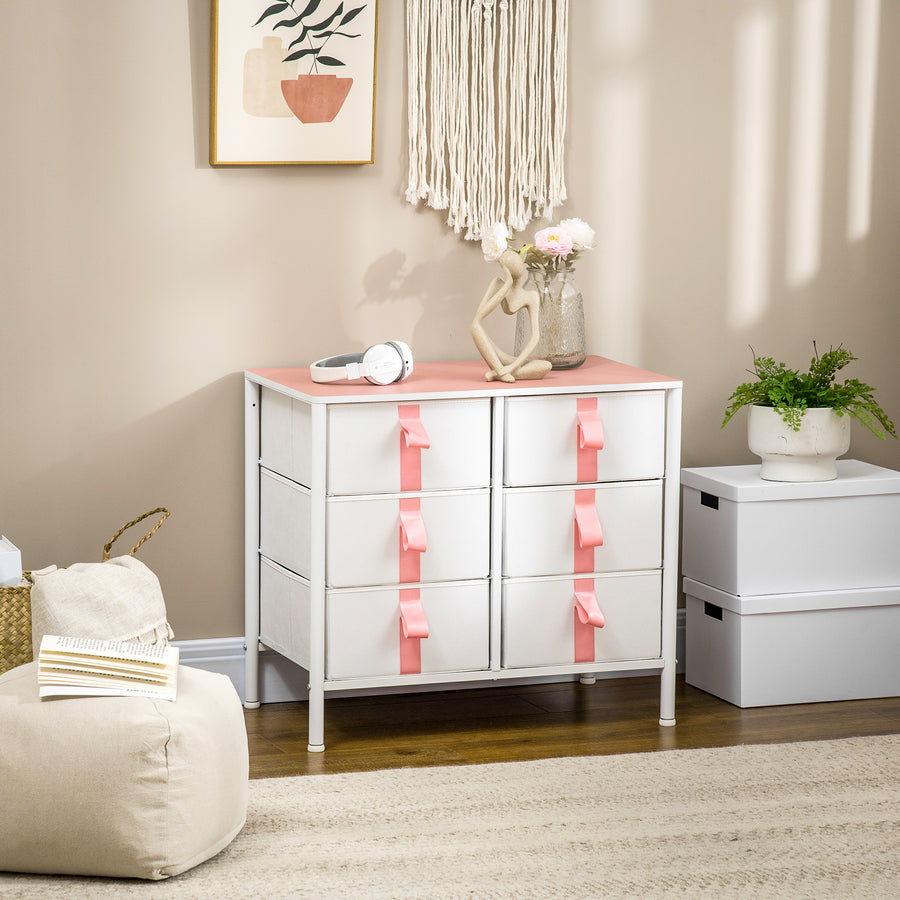 Chest of Drawers, Cloth Organizer Unit with 6 Fabric Drawers, Metal Frame and Wooden Top, Storage Cabinet for Kids Room, Living Room, Closet, Hallway, Pink