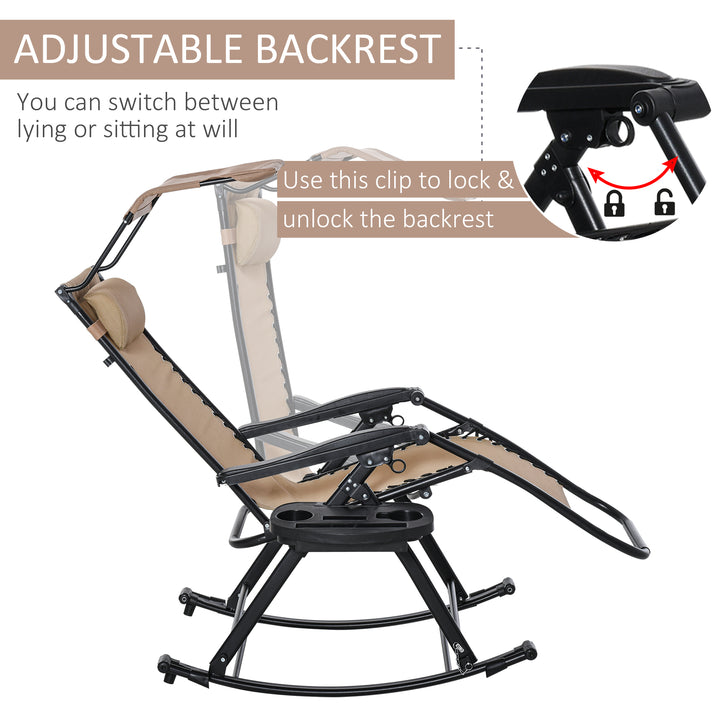 Garden Rocking Chair Folding Recliner Outdoor Adjustable Sun Lounger Rocker Zero-Gravity Seat with Headrest Side Holder Patio Deck - Beige