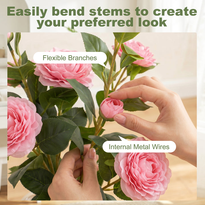 65cm Artificial Camellia Flower Plant in Pot with 116 Lush Leaves &amp; Mo