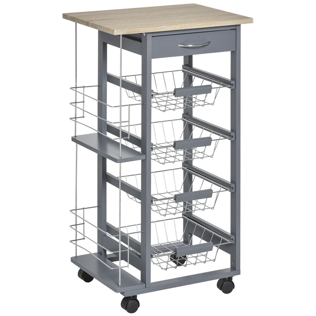 MCL Rolling Kitchen Cart, Utility Storage Cart with 4 Basket Drawers & Side Racks, Wheels for Dining Room, Grey
