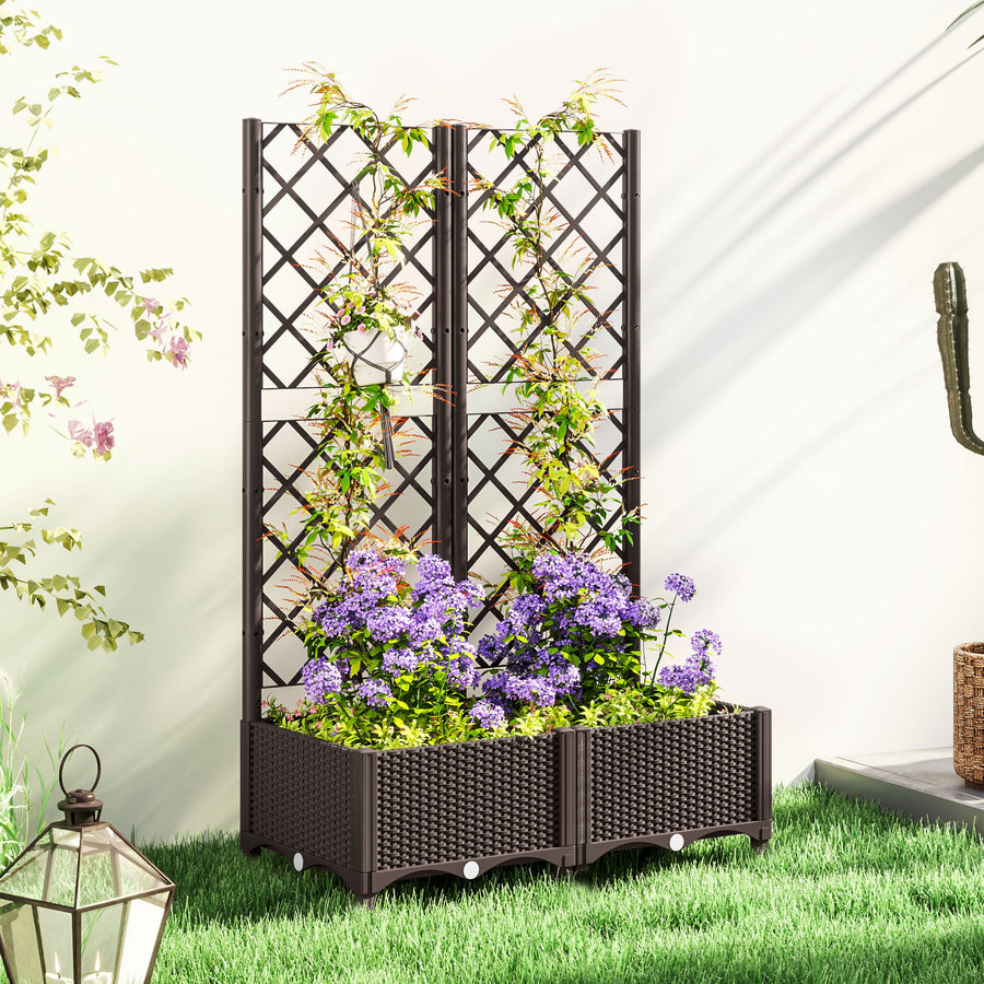 Raised Garden Bed with Trellis, Plastic Planter Box with Drainage Holes, Drain Plugs and Water Reservoirs for Climbing Plants, Vegetables, Flowers, Brown