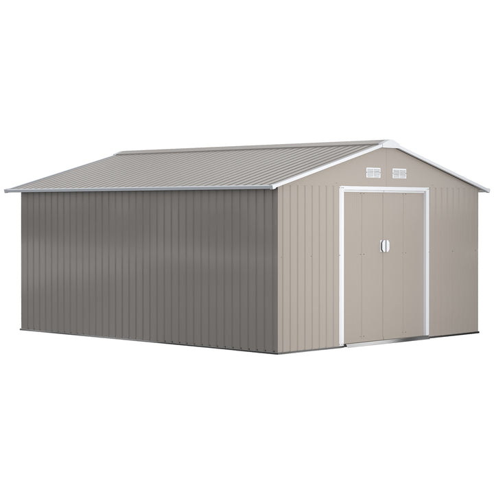 Outsunny 13 x 11ft Garden Metal Storage Shed Outdoor Storage Shed with Foundation Ventilation & Doors, Light Grey | Aosom UK