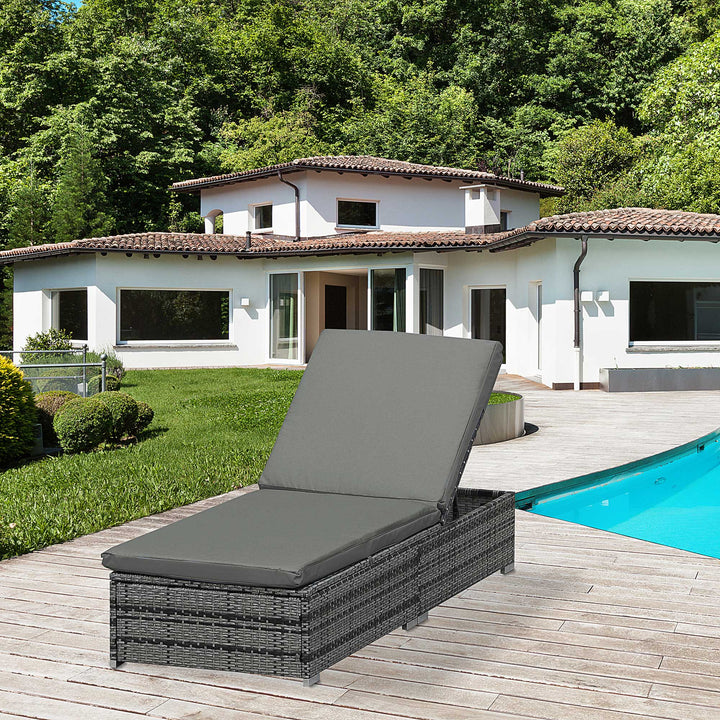 Outsunny Waterproof Adjustable Rattan Sun Lounger Garden Furniture Recliner Bed Chair Reclining Patio Wicker Grey | Aosom UK