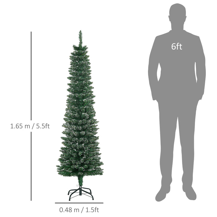 5.5FT Artificial Snow Dipped Christmas Tree Xmas Pencil Tree Holiday Home Indoor Decoration with Foldable Black Stand, Green