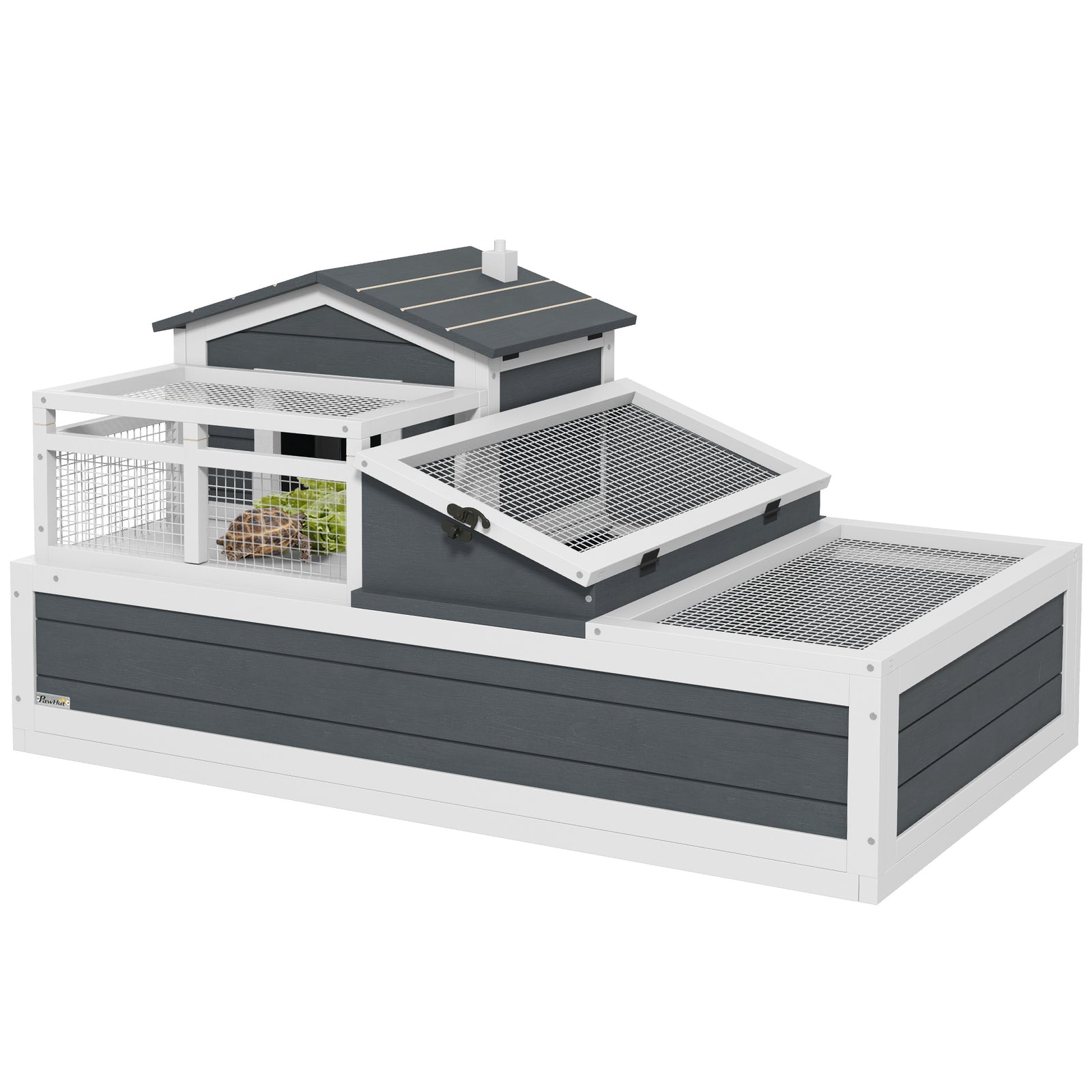 Tortoise House 3-Room with 2 Stories, Ladder, Balcony, Tray, Openable Roof, 59H x 112L x 65Wcm, Grey