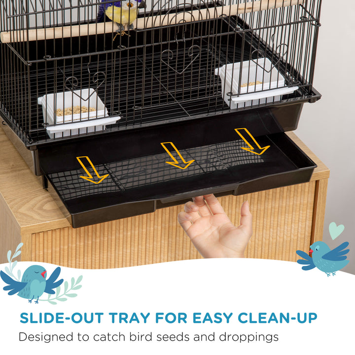 MCL Metal Bird Cage with Plastic Swing Perch Food Container Tray Handle for Finch Canary Budgie 43.5 x 33 x 63 cm, Black
