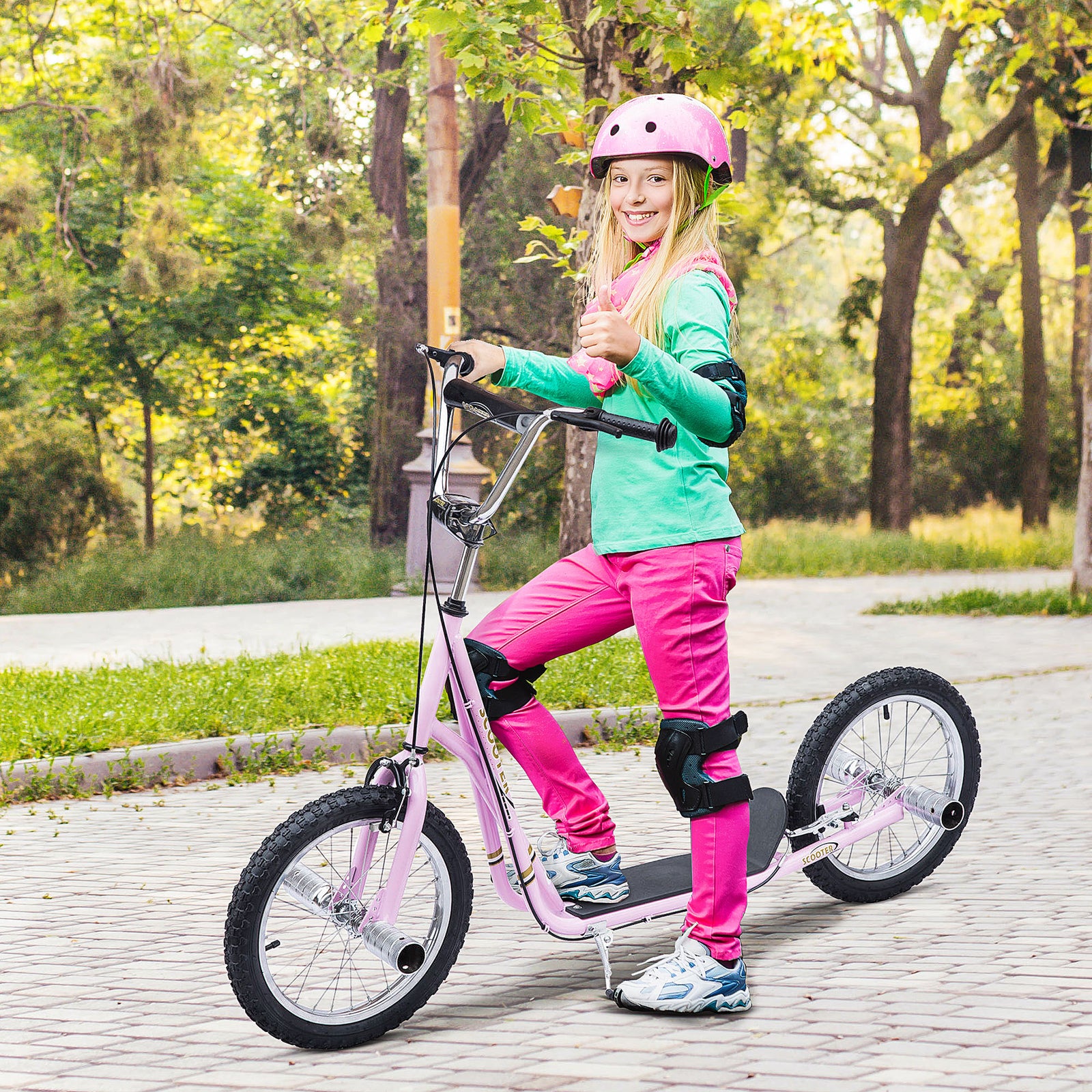 Stunt Scooter, Kids Scooter with 16" Big Wheels, Adjustable Height, Dual Brakes, for Ages 5+ Years, Pink