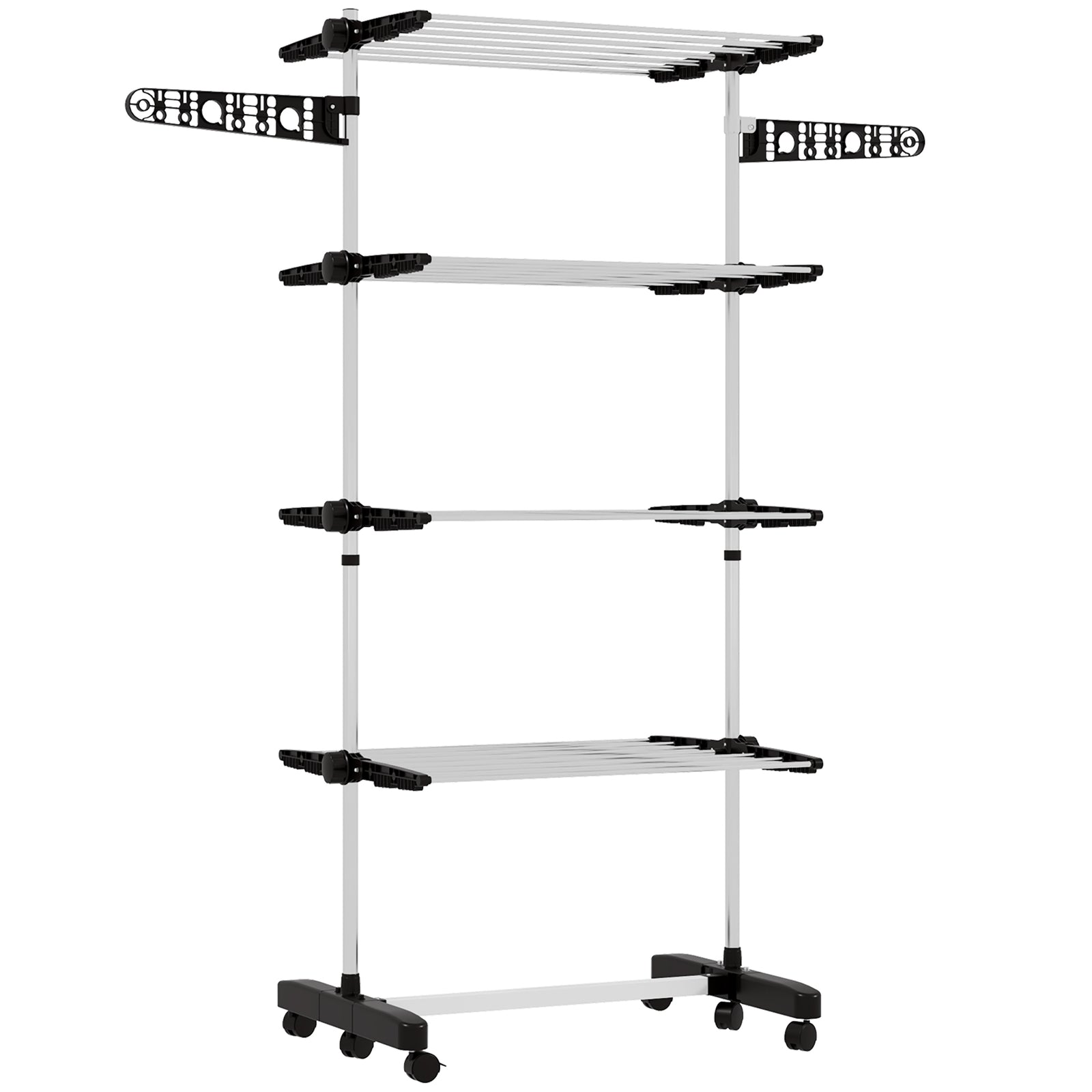 Four-Shelf Collapsing Clothes Horse, With Side Arms and Wheels - Black