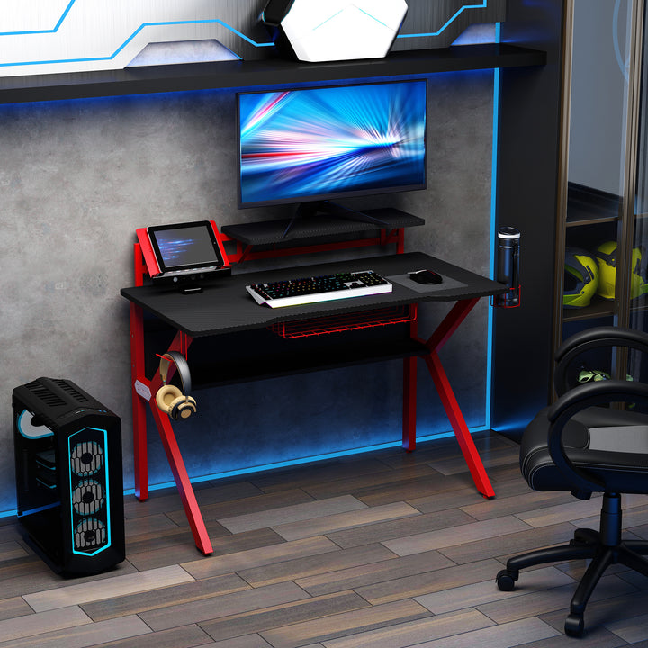 HOMCOM Gaming Desk with Metal Frame: Adjustable Feet, Cup Holder, Headphone Hook & Cable Management, Fiery Red | Aosom UK