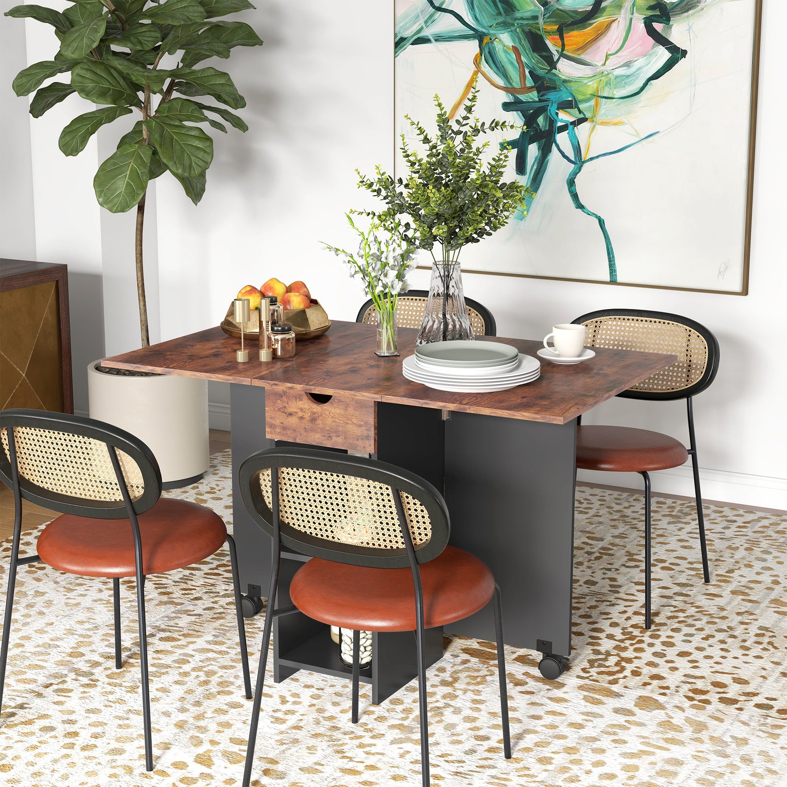 Folding Dining Table, Drop Leaf Table for Small Spaces, Foldable Table with Drawer and Storage Shelves for Kitchen, Dining Room, Rustic Brown