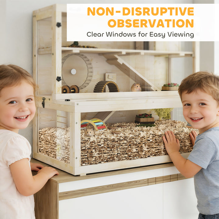 Wooden Hamster Cage with Hut, Wheel, Ramps, Removable Viewing Panels, 