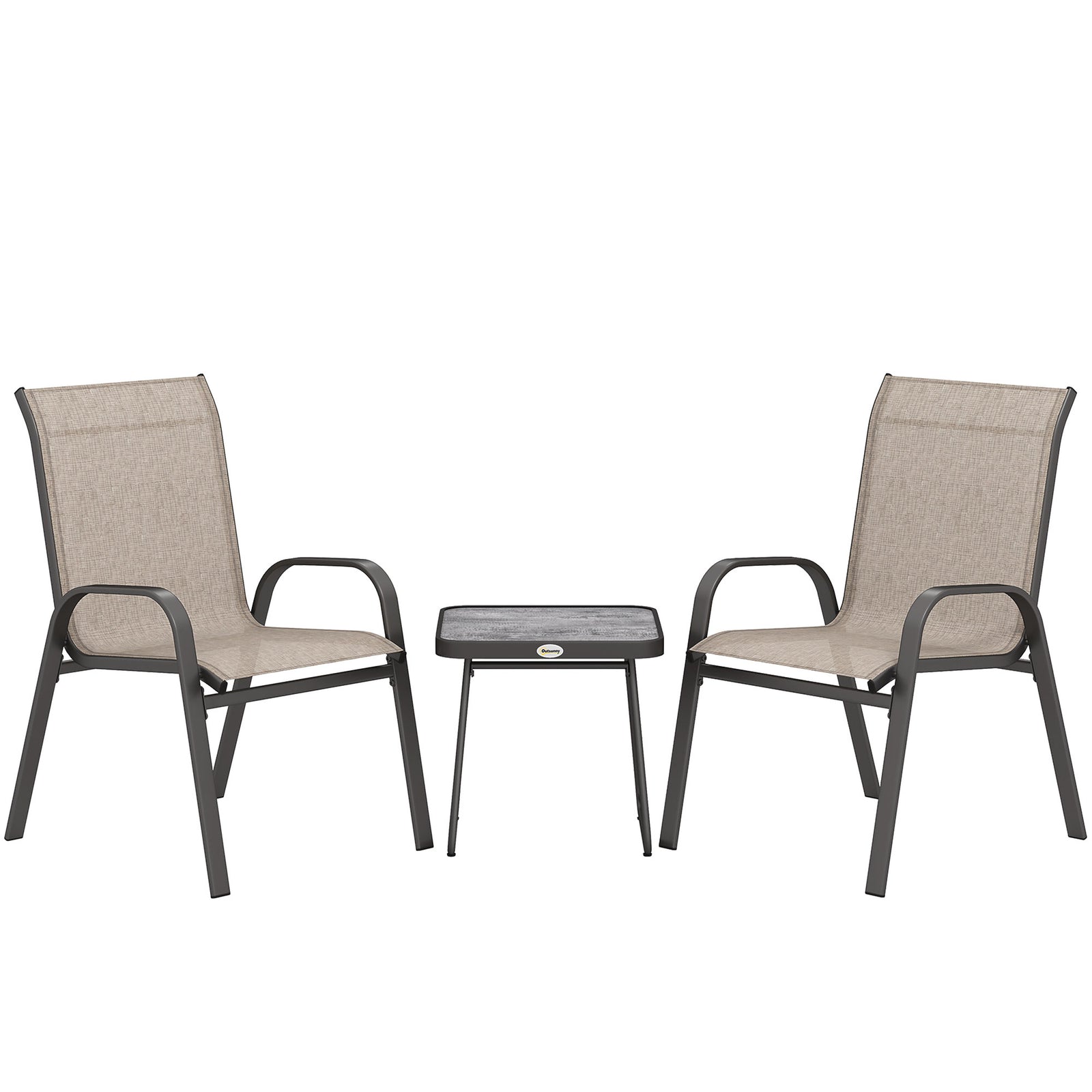 3 Pieces Outdoor Bistro Set, Patio Stackable Armchairs with Breathable Mesh Fabric and SPC Board Coffee Table, Brown