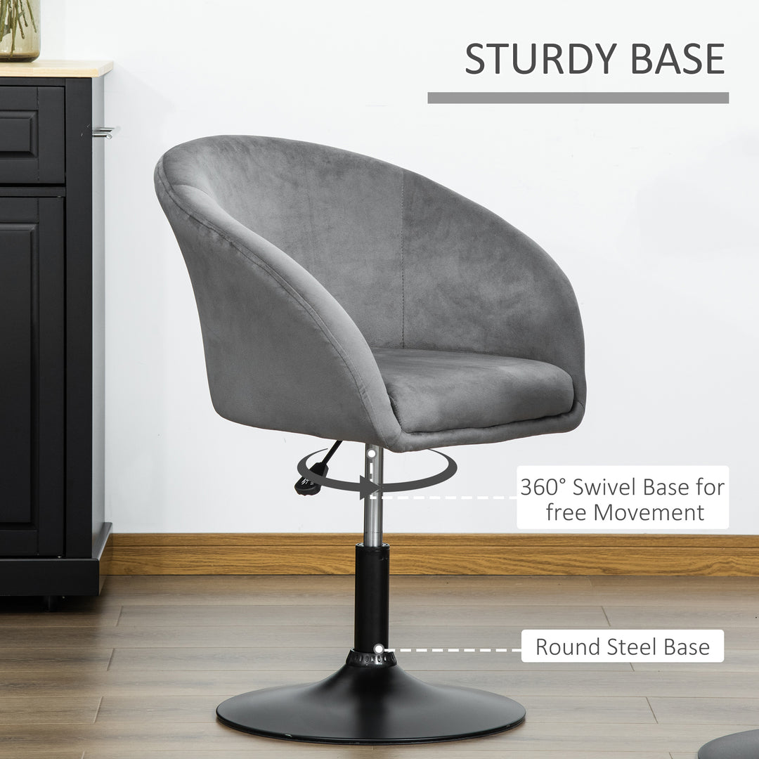 HOMCOM Dressing Table Chair, 360° Swivel Velvet-feel Upholstered Vanity Chair with Tub Seat, Back, Adjustable Height for Bedroom Makeup, Grey