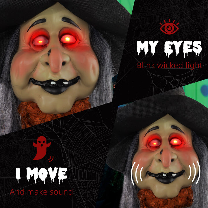 HOMCOM 183 cm Life Size Halloween Animated Standing Fat-Faced Witch with Red Light Up Eyes, Sound Activated Moving Arms &amp; Head, Scary Witch Halloween Decorations, Battery Operated, Indoor Party Props