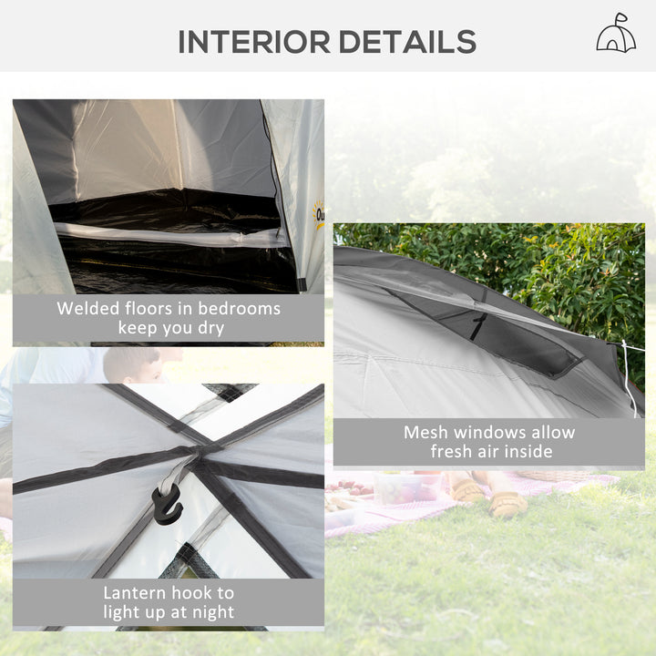 Four-Man Tunnel Tent, with Two Bedrooms and Living Room - Grey/Yellow