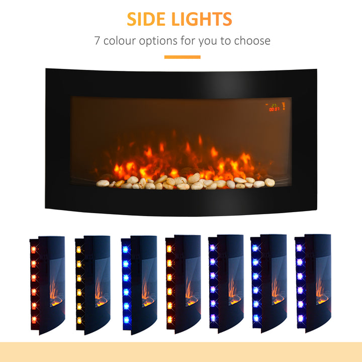 HOMCOM Led Wall Mounted Fireplace Curved Glass Electric Fire Place Fire Place 7 Colour Side Lights Slimline, 1000/2000W, 89.2cm x 48cm