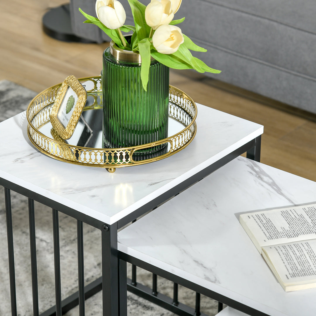 MCL Modern Coffee Table Set of Two, Marble-Effect Nesting Side Tables with Steel Frame for Living Room, White, Black