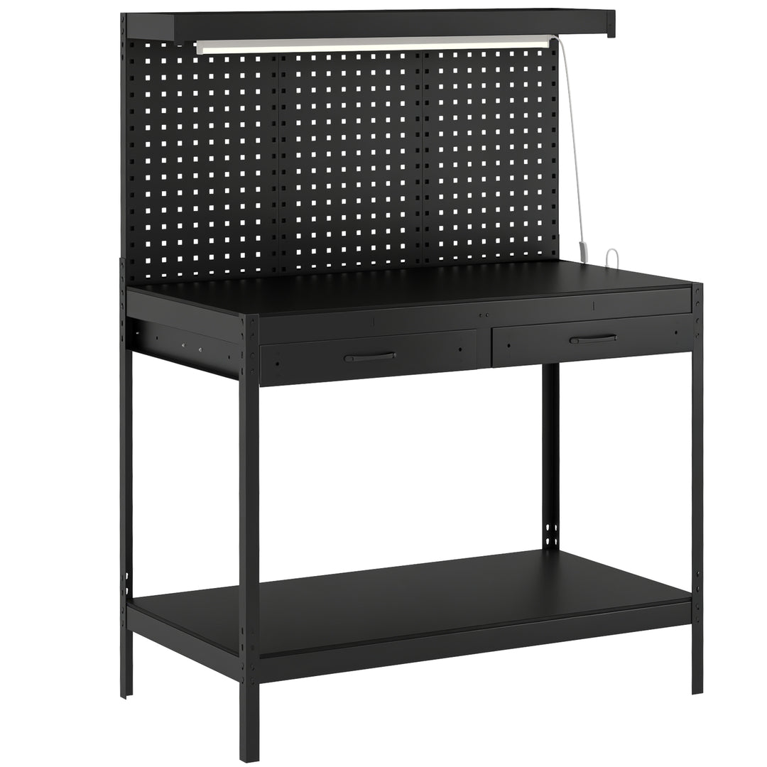 110 cm Workbench with Pegboard, Heavy Duty Work Table with Power Strip