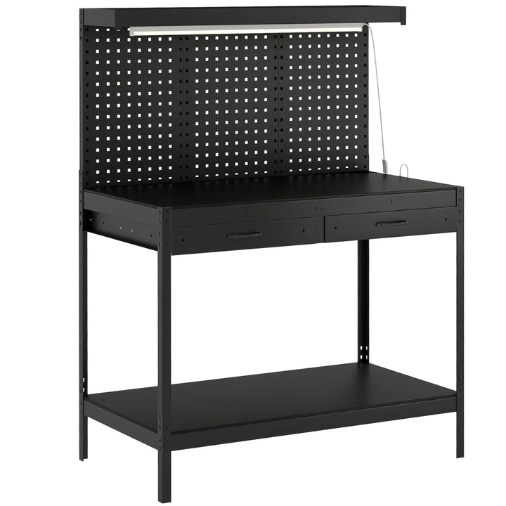 110 cm Workbench with Pegboard, Heavy Duty Work Table with Power Strip
