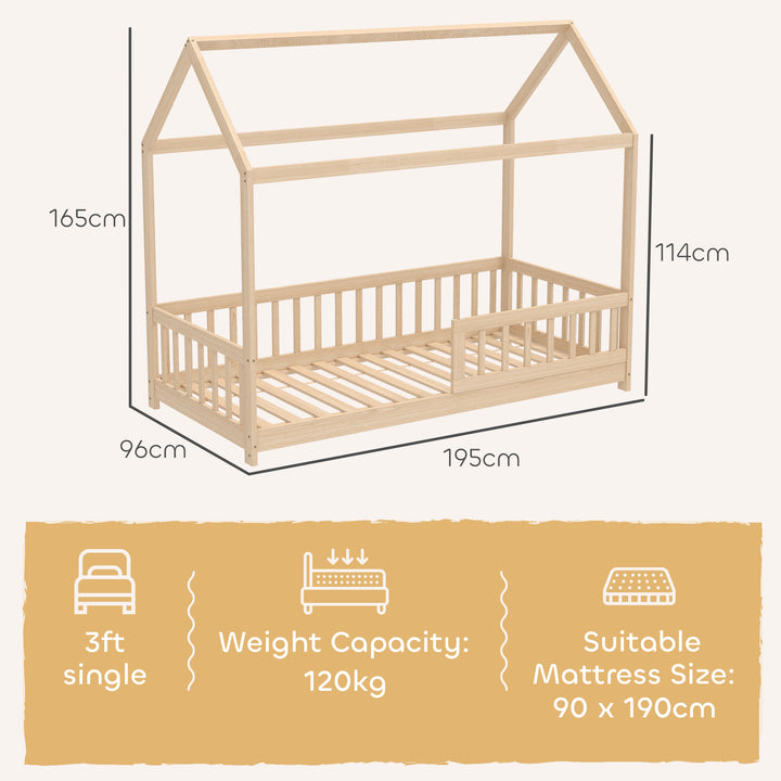 House-Shaped Kids Bed Frame with Guard Rails, Solid Pine Wood Single Bed Frame for Kids Boys and Girls