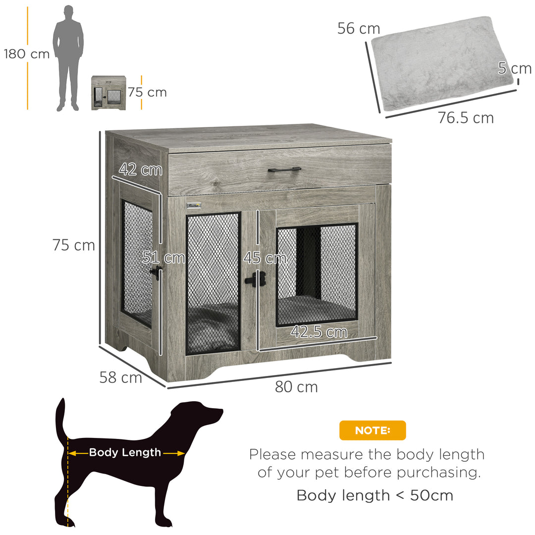 Dog Cage End Table with Two Doors, Drawer, for Medium Dogs - Grey