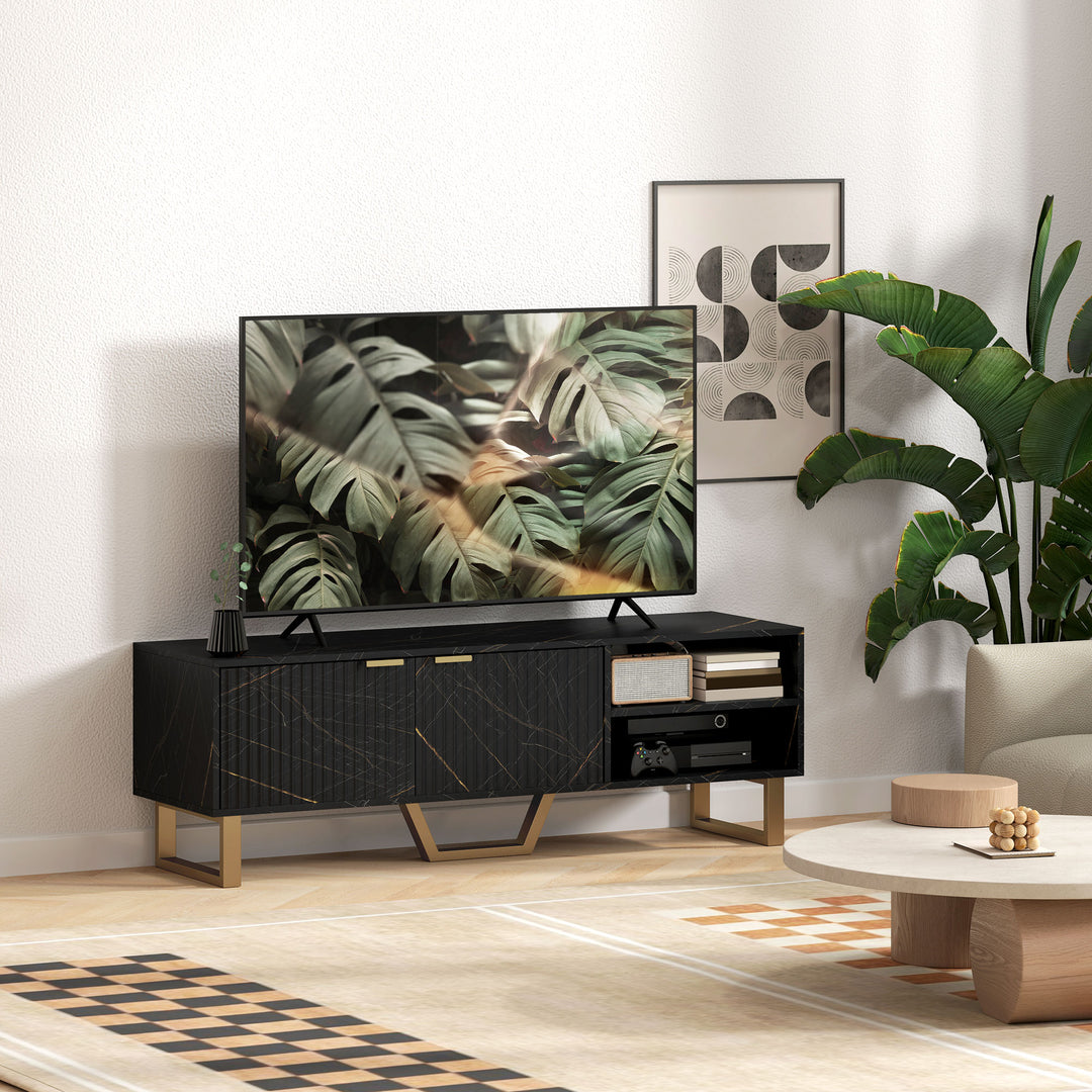 Marble Effect TV Unit, TV Stand Cabinet for up to 70" TVs, Modern TV Cabinet with Shelves and Storage Cupboard, Fluted Door, Extra Centre Leg, Cable Management for Living Room, Black
