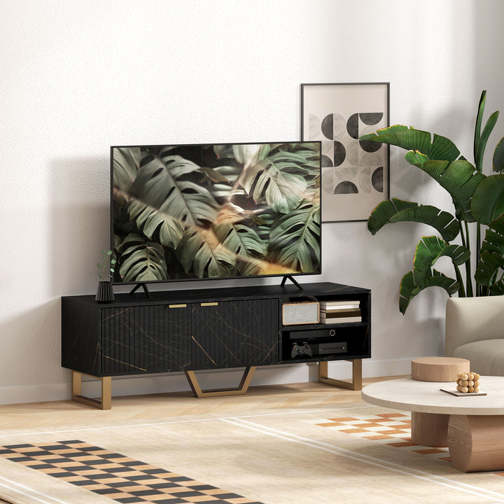 Marble Effect TV Unit, TV Stand Cabinet for up to 70" TVs, Modern TV Cabinet with Shelves and Storage Cupboard, Fluted Door, Extra Centre Leg, Cable Management for Living Room, Black
